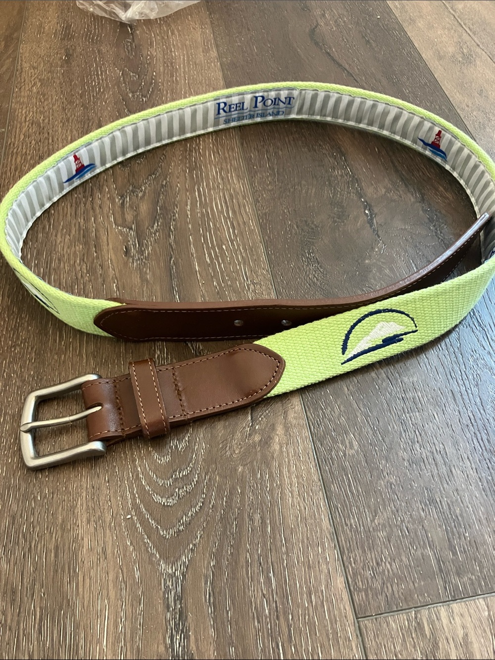 Reel Point Shelter Island Men's Lime Green Canvas Belt with Brown Leather Trim